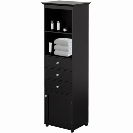 BASICWISE Tall Freestanding Linen Tower, Bathroom Cabinet with 2 Open shelves, 3 Drawers, and a Closet, Black QI004611.BK